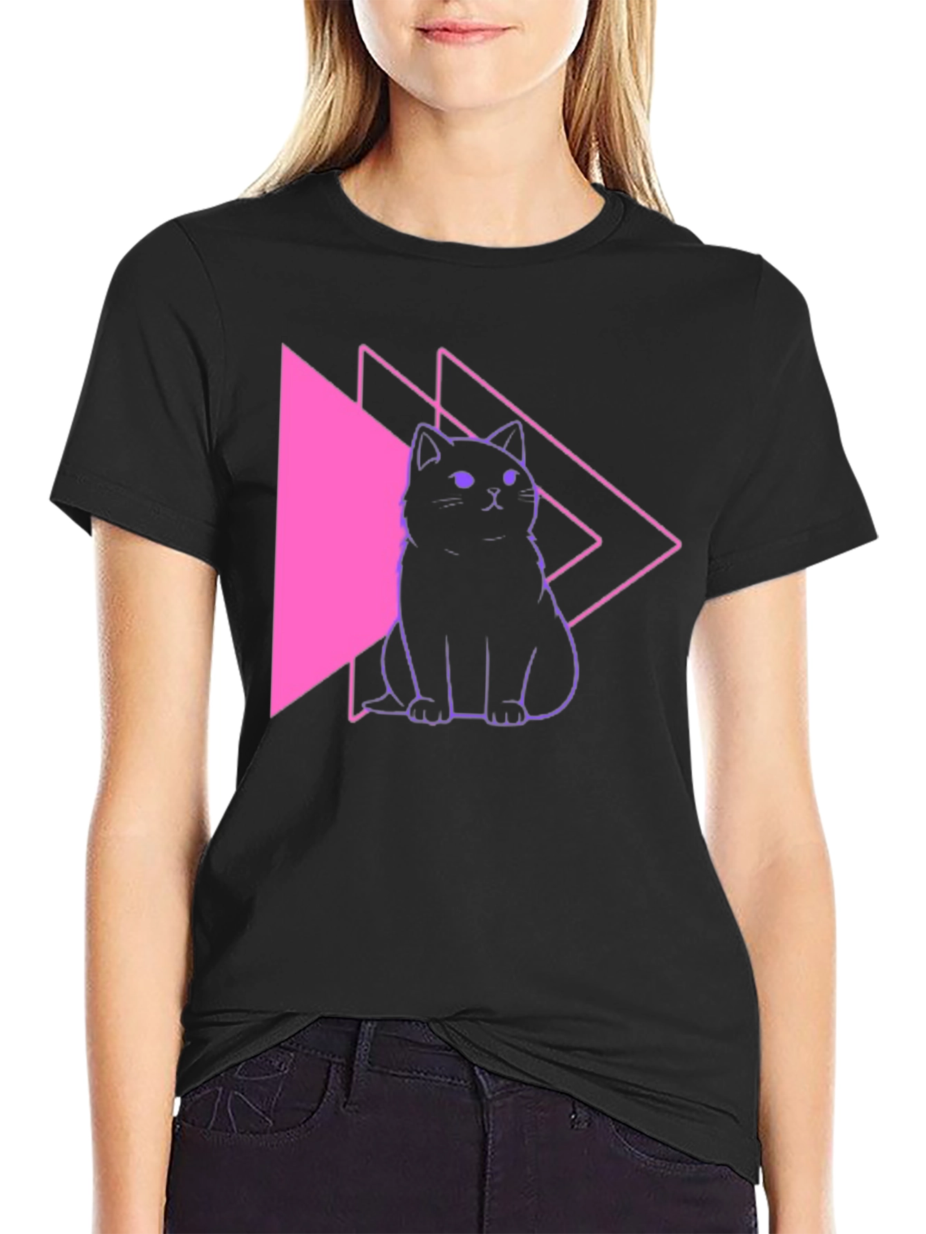Neon Cat Graphic Black T-Shirt