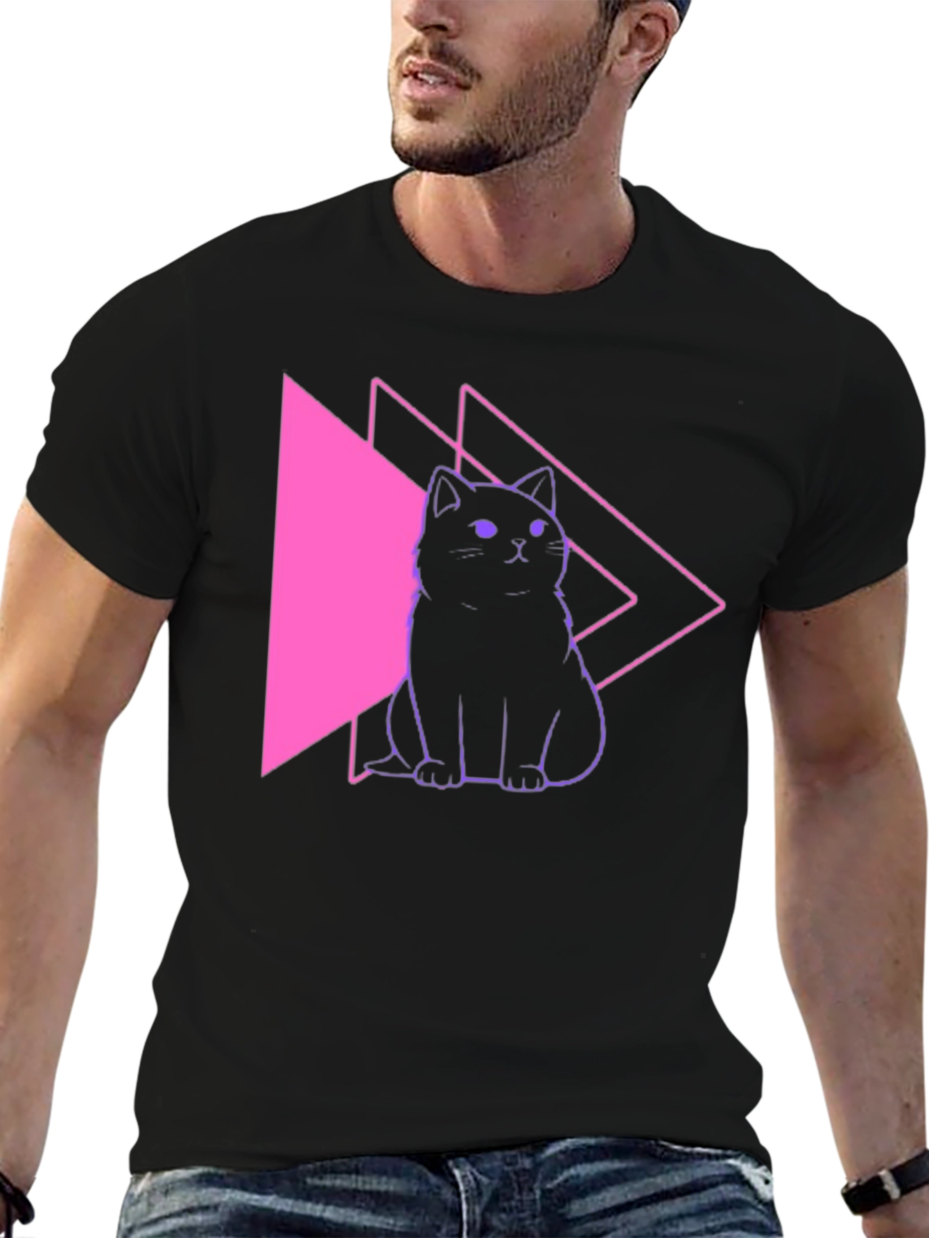 Neon Cat Graphic Black T-Shirt
