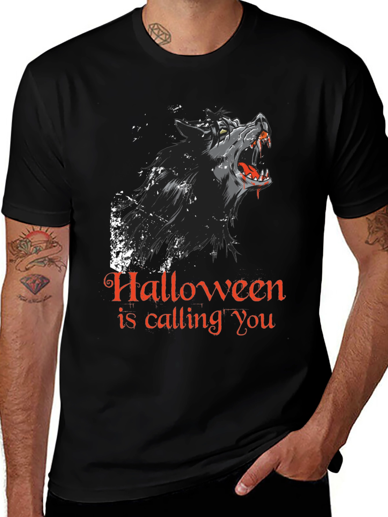 Halloween Howling Wolf Graphic Tee - Black