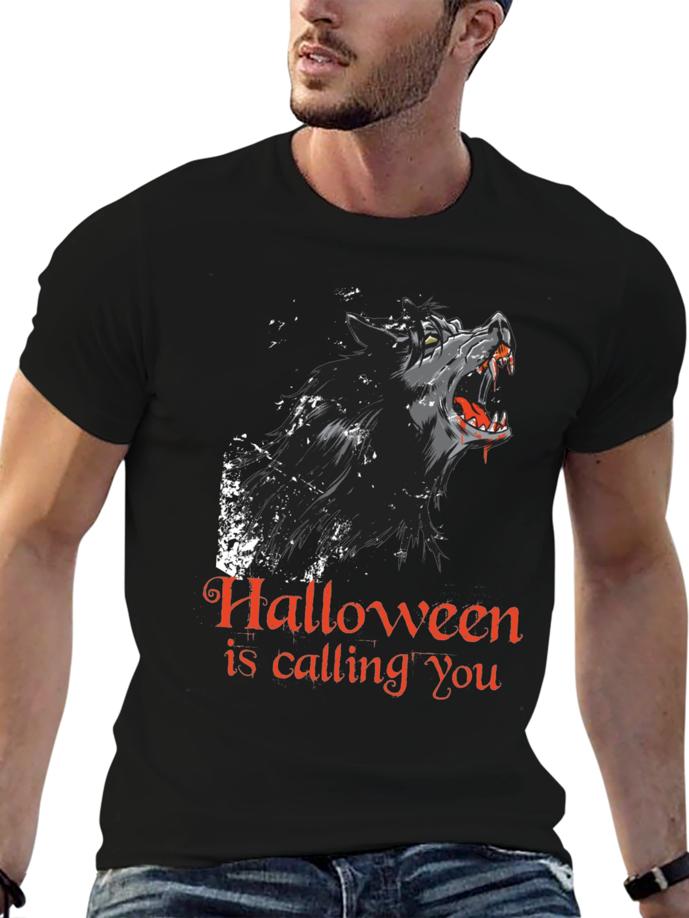Halloween Howling Wolf Graphic Tee - Black