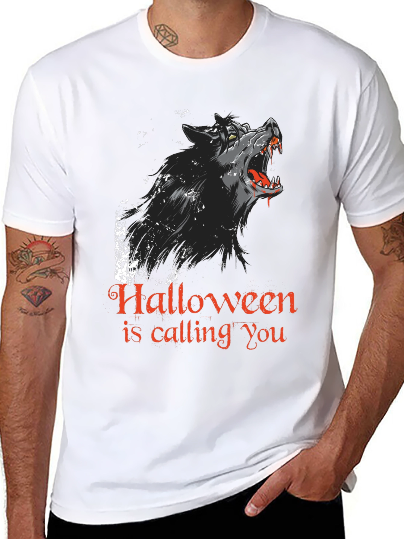 Halloween Howling Wolf Graphic Tee - Black