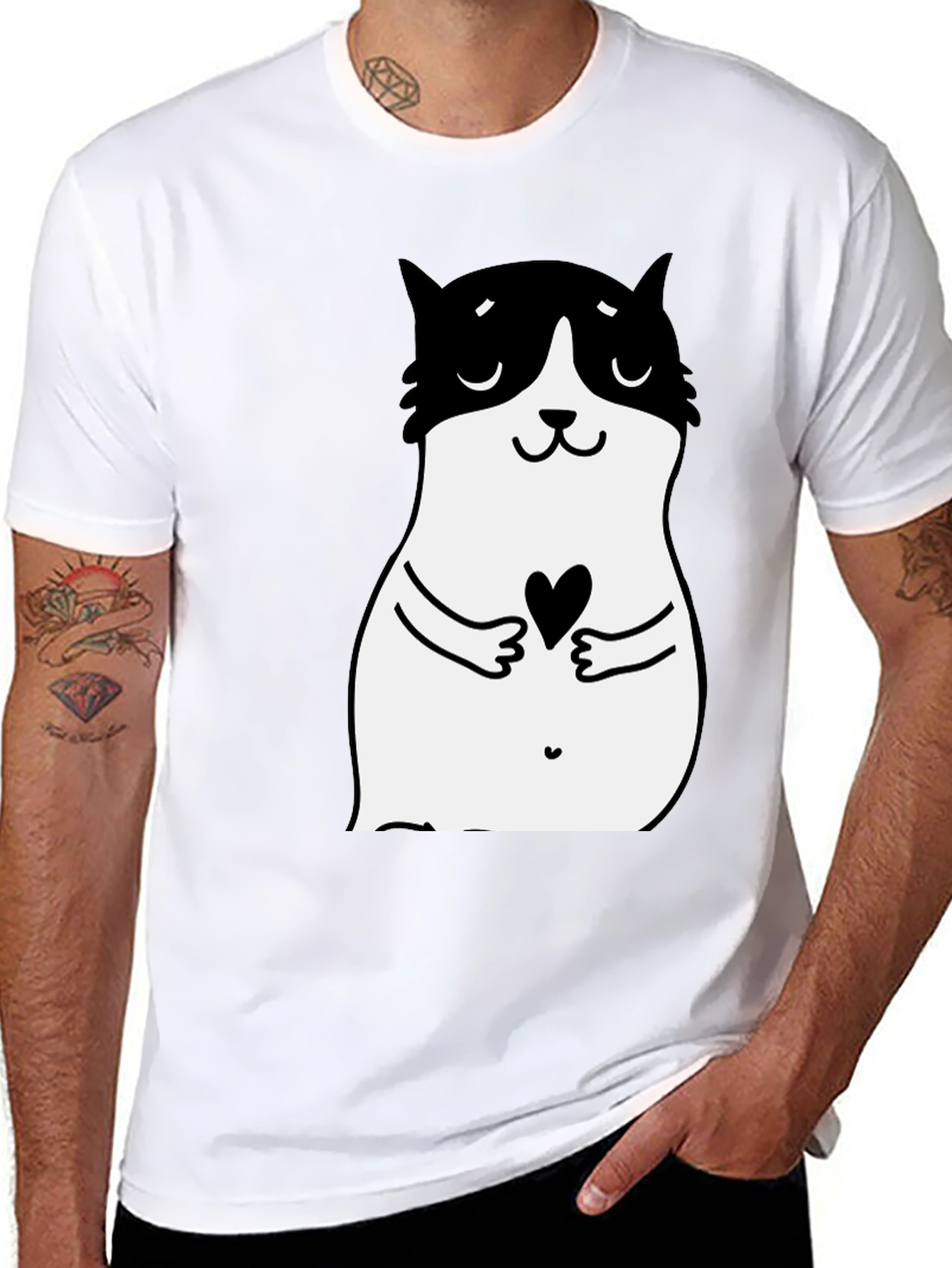 Cute Cat Heart Graphic Black T-Shirt
