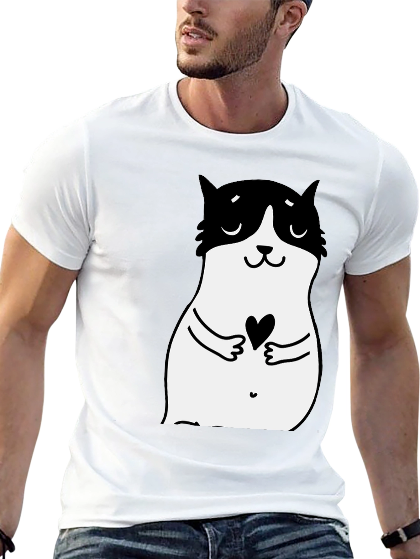 Cute Cat Heart Graphic Black T-Shirt