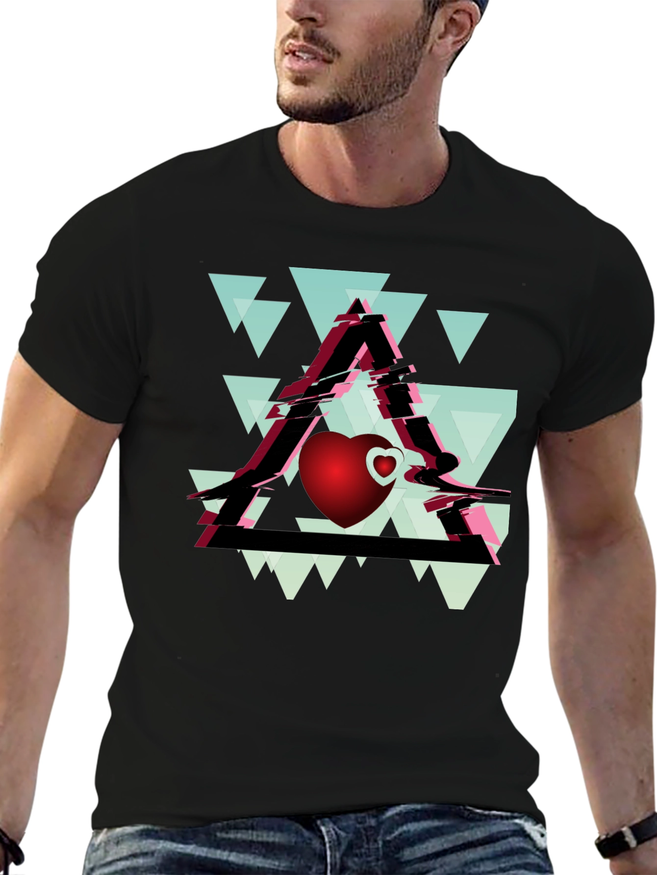 Geometric Heart Graphic Tee - Stylish Mens Black T-Shirt