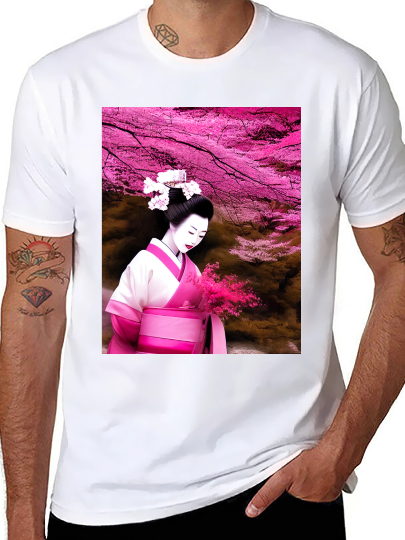 Geisha Cherry Blossom Black T-Shirt