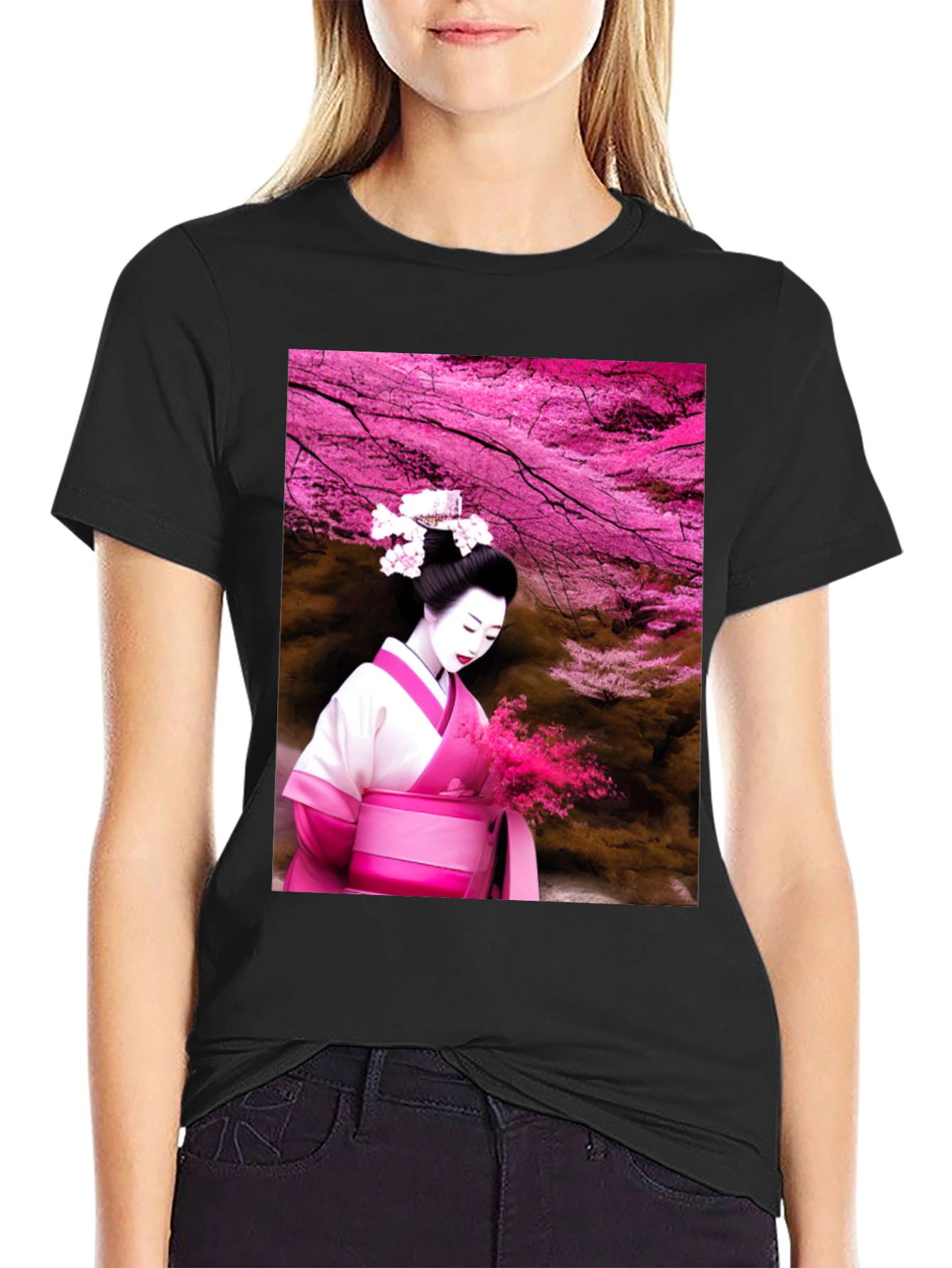Geisha Cherry Blossom Black T-Shirt