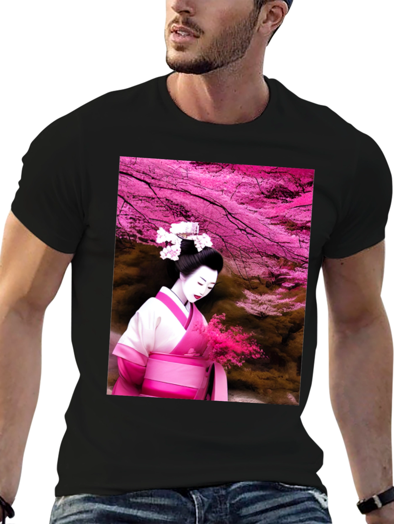 Geisha Cherry Blossom Black T-Shirt