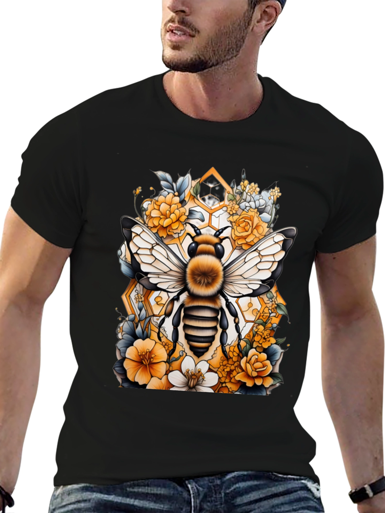 Bee & Floral Graphic Tee - Honeycomb Design