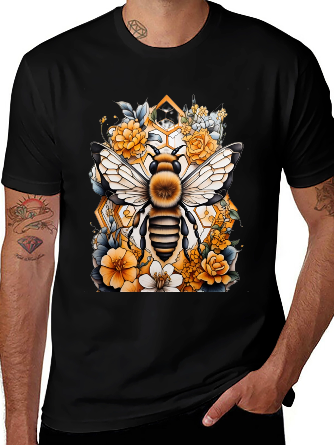 Bee & Floral Graphic Tee - Honeycomb Design