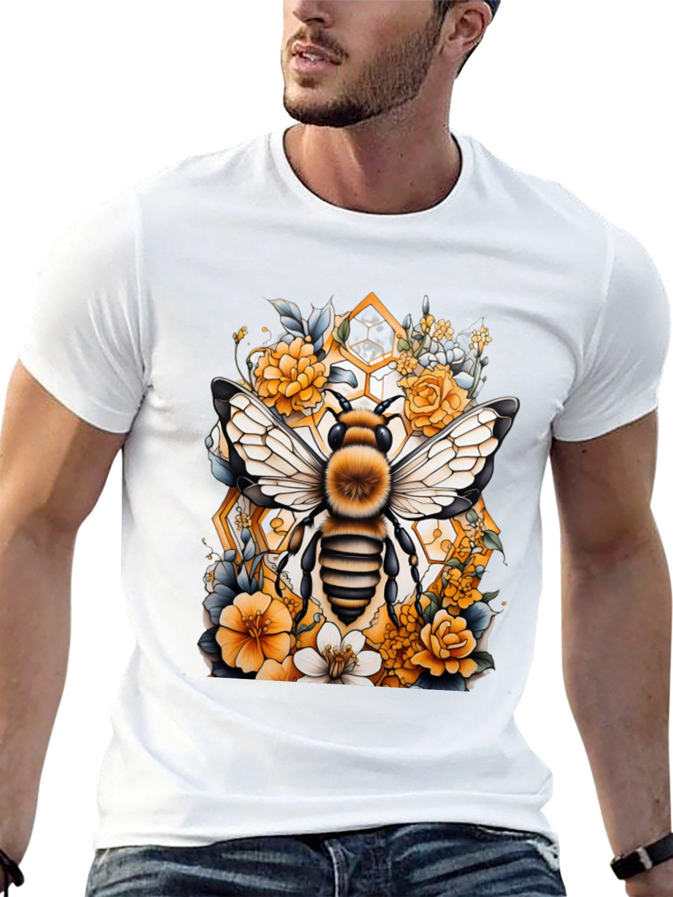 Bee & Floral Graphic Tee - Honeycomb Design