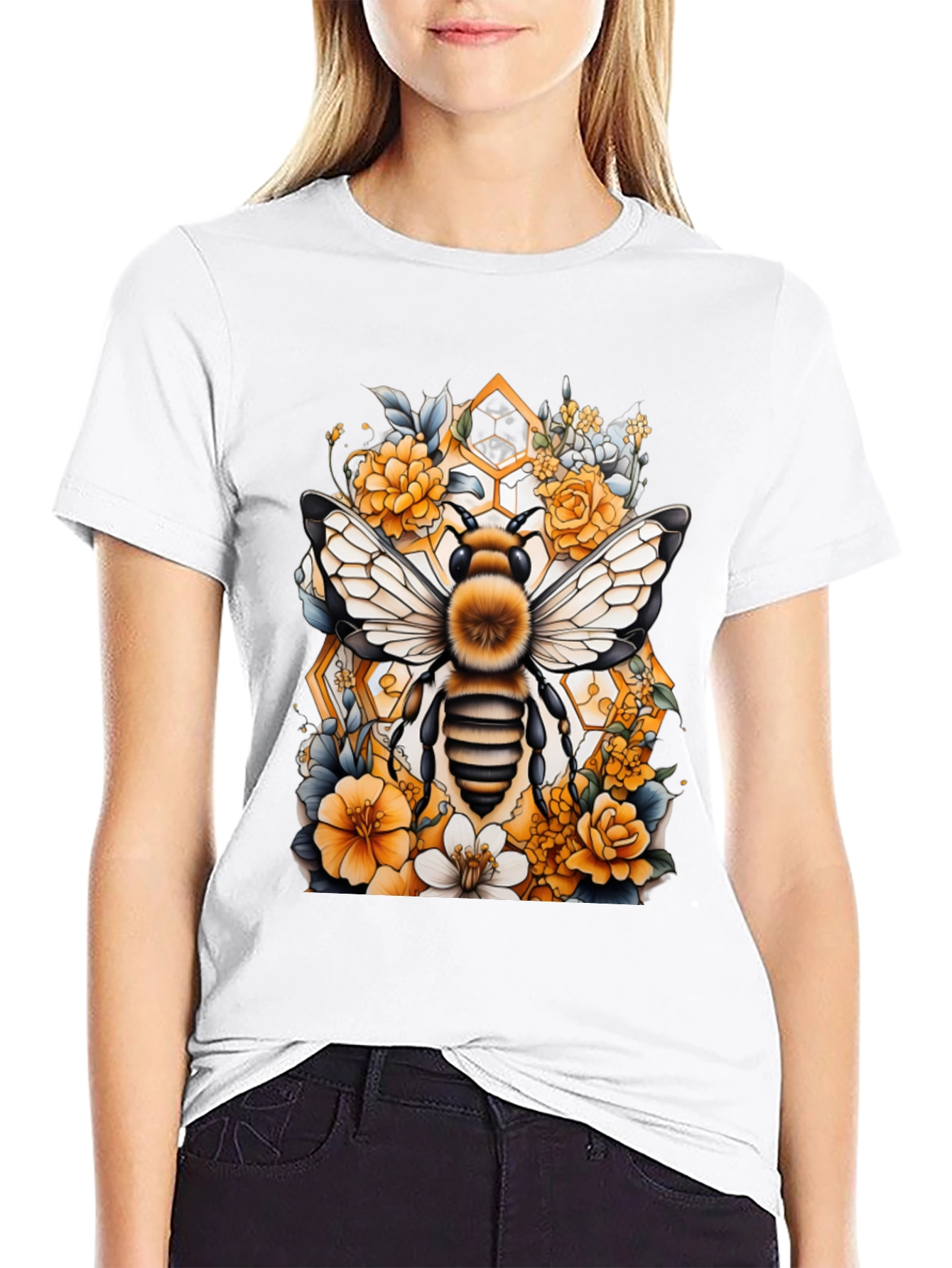 Bee & Floral Graphic Tee - Honeycomb Design