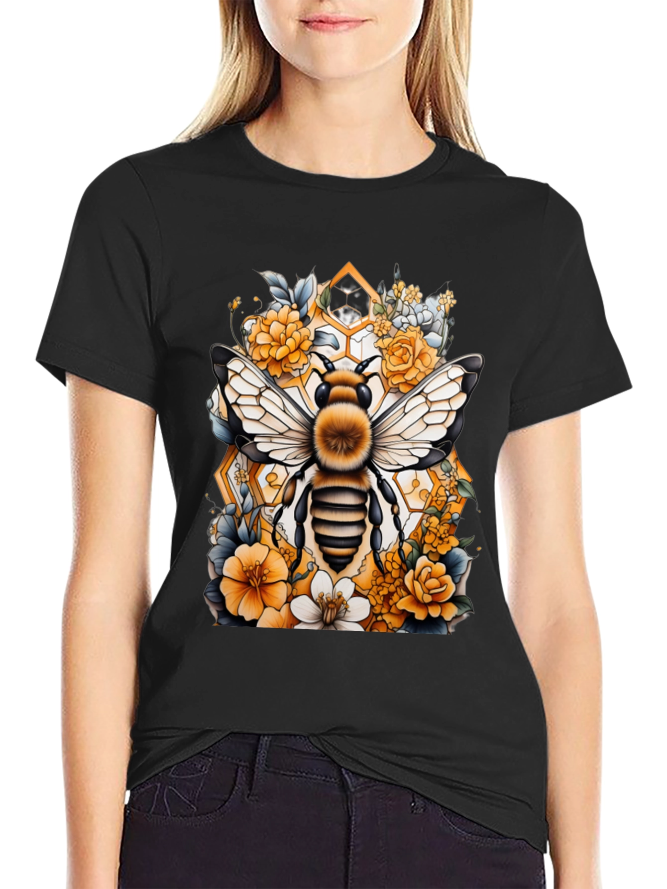 Bee & Floral Graphic Tee - Honeycomb Design