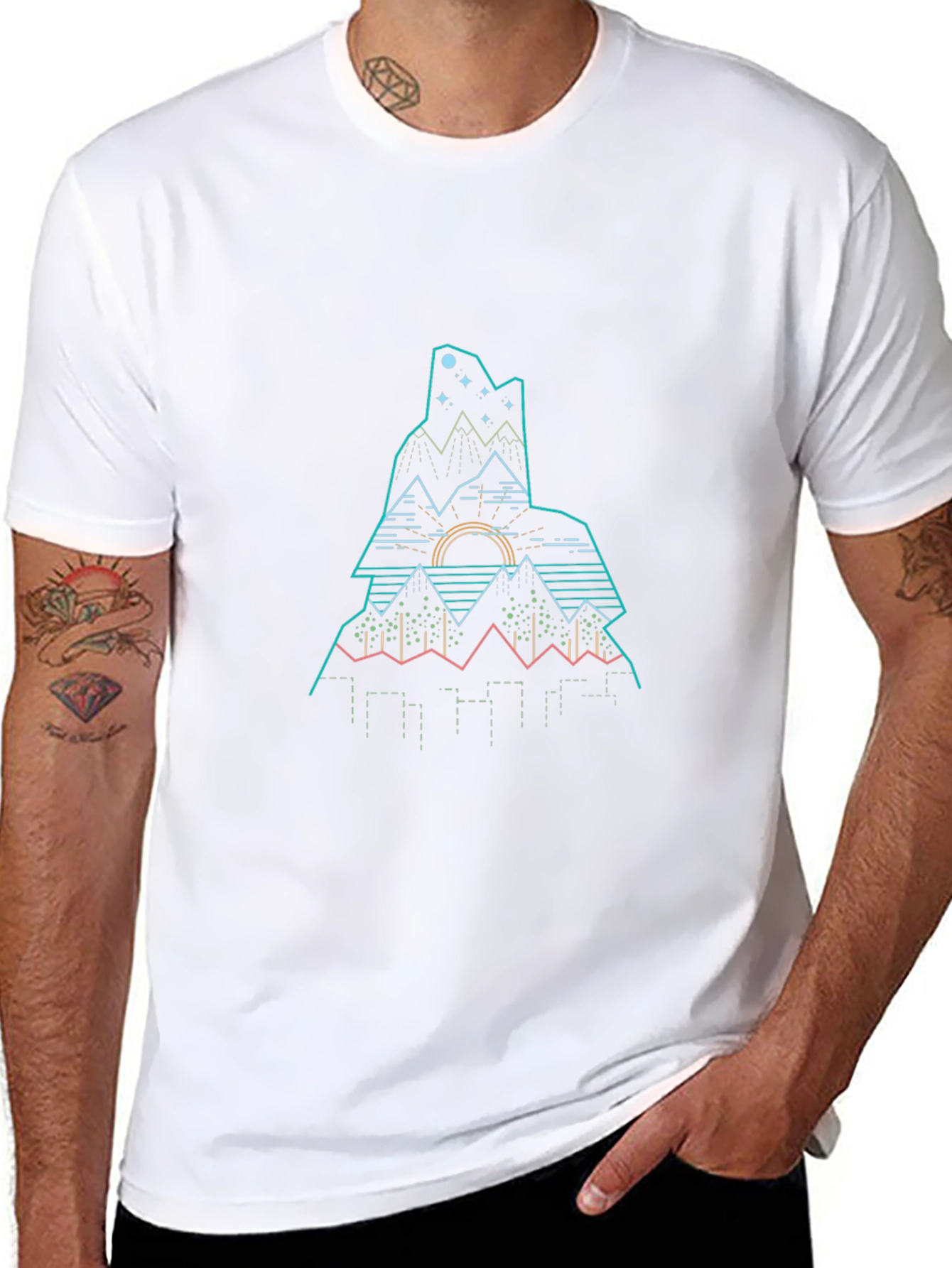 Modern Geometric Mountain Graphic Tee - Black