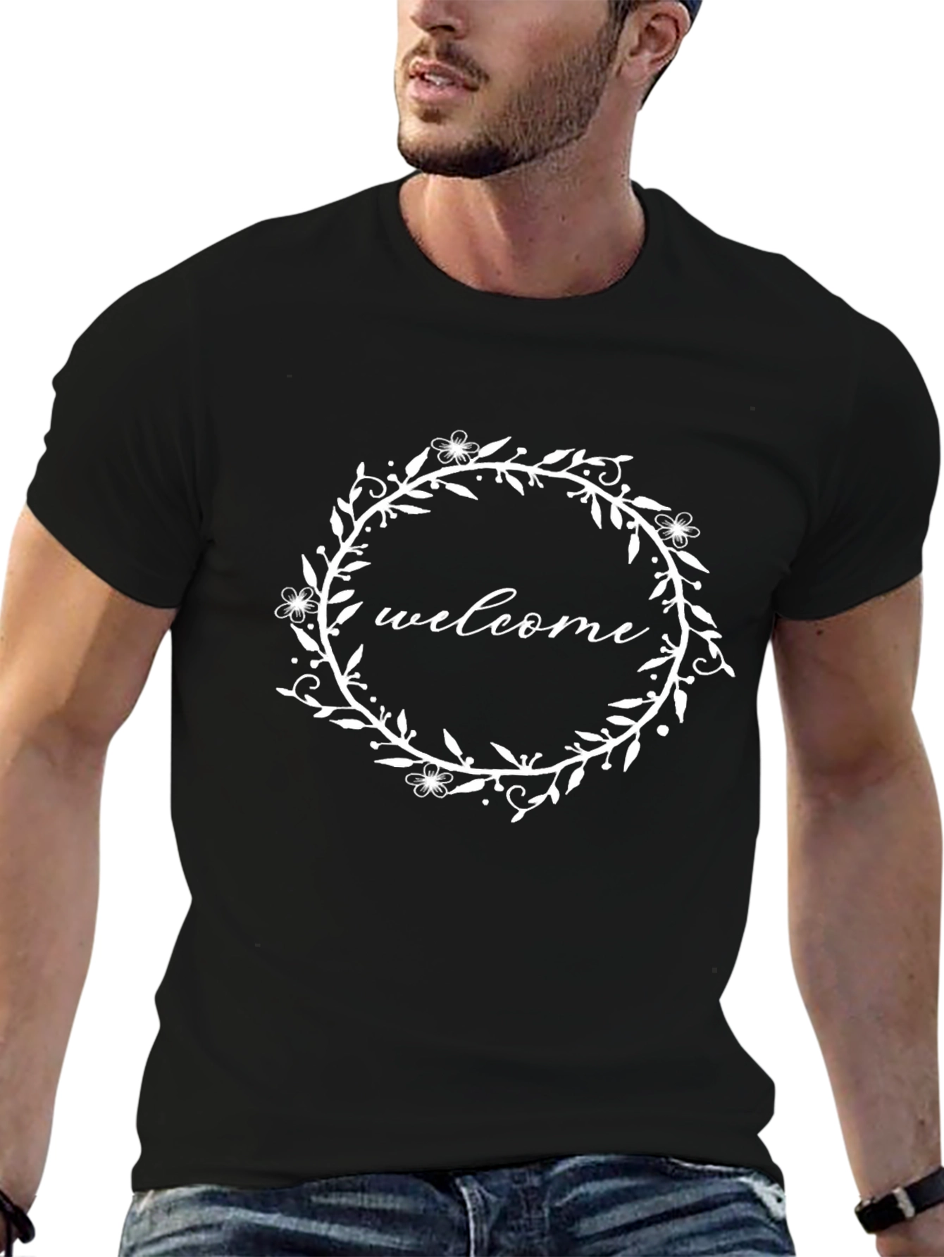 Welcome Wreath Graphic Tee - Stylish Black Cotton T-Shirt
