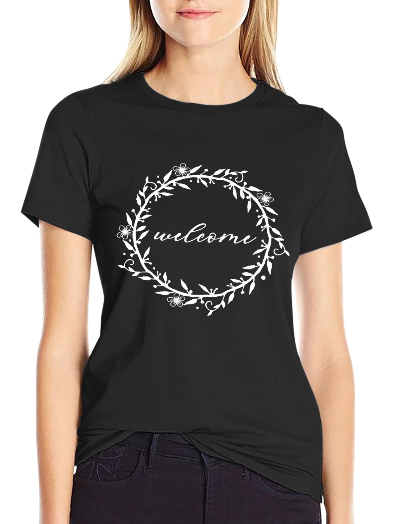 Welcome Wreath Graphic Tee - Stylish Black Cotton T-Shirt