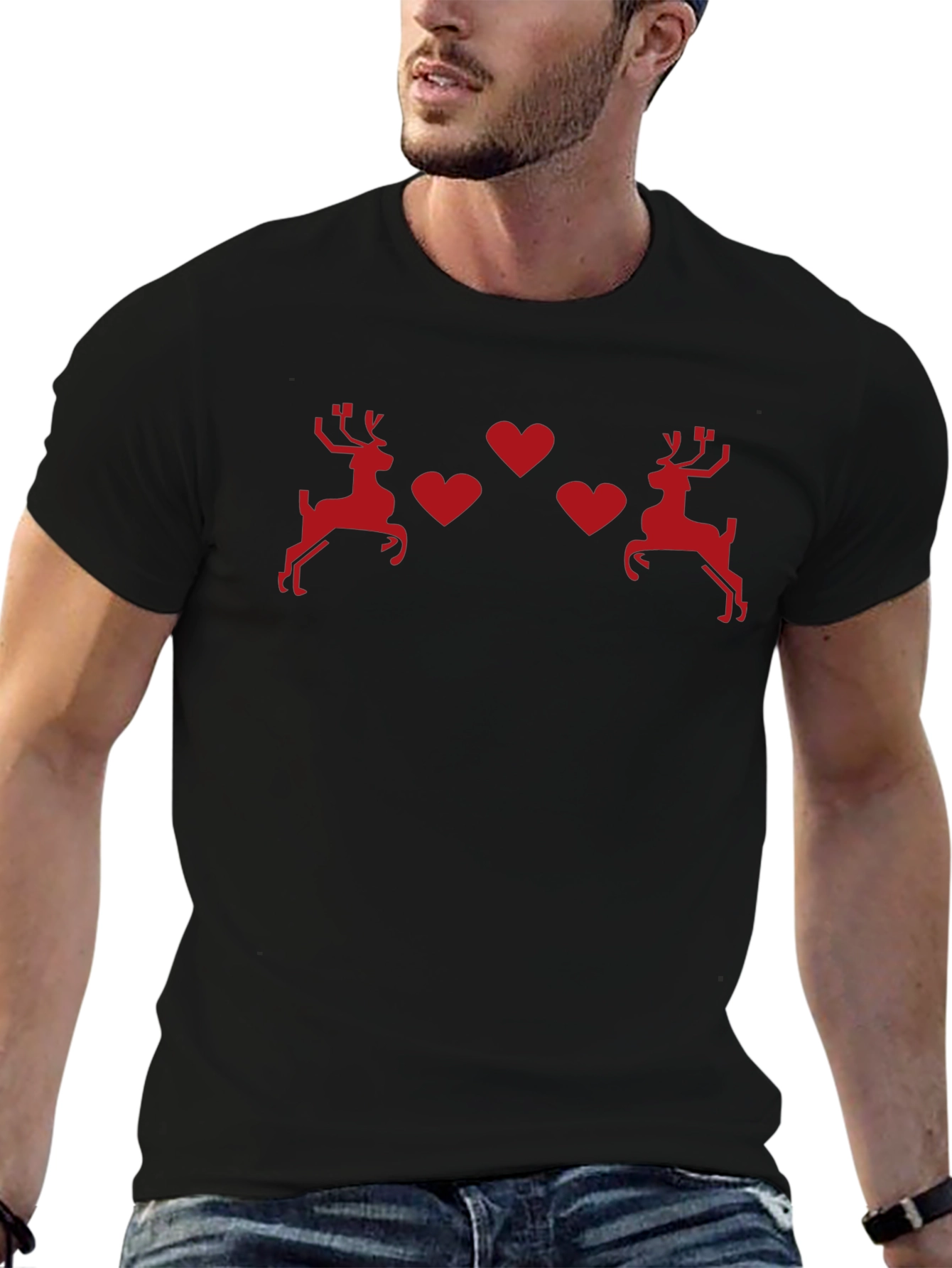 Festive Reindeer Hearts Black T-Shirt