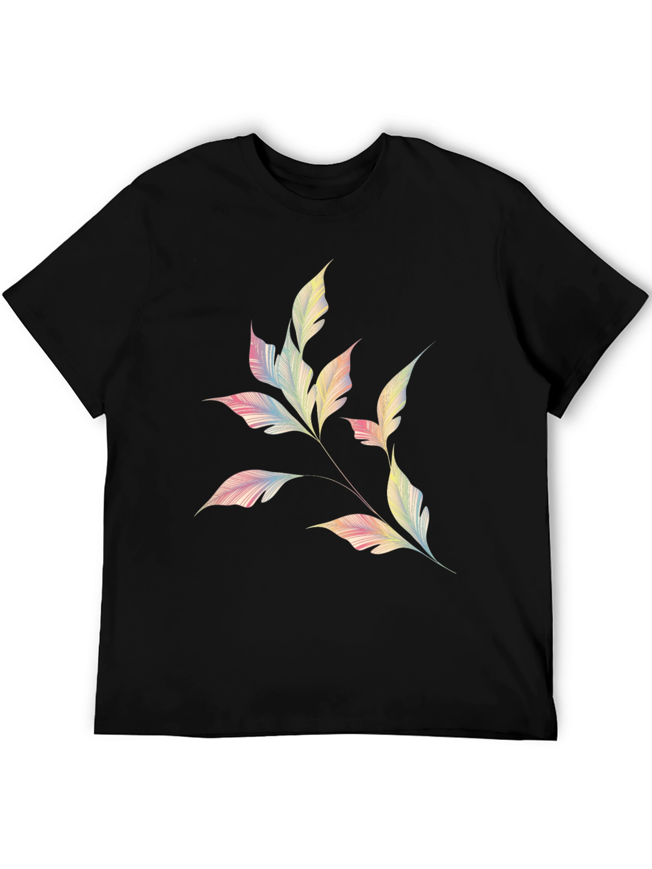 Mens Black T-Shirt with Pastel Leaf Design