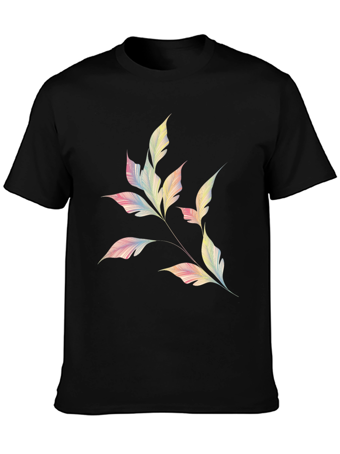 Mens Black T-Shirt with Pastel Leaf Design