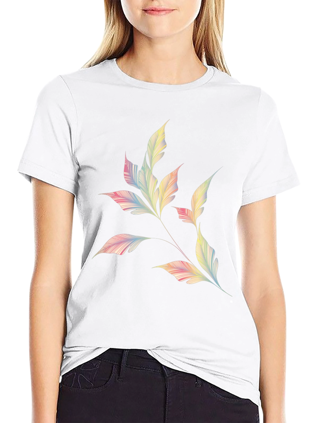 Mens Black T-Shirt with Pastel Leaf Design