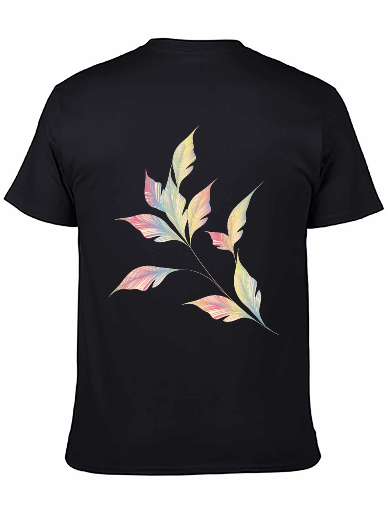Mens Black T-Shirt with Pastel Leaf Design