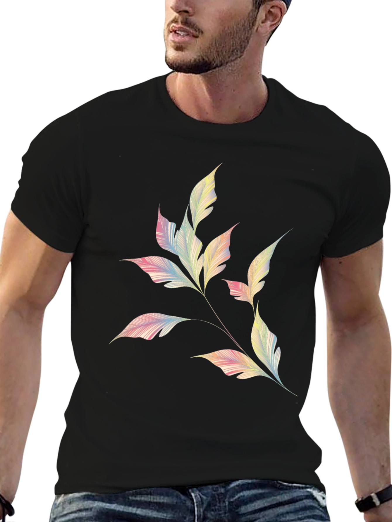 Mens Black T-Shirt with Pastel Leaf Design
