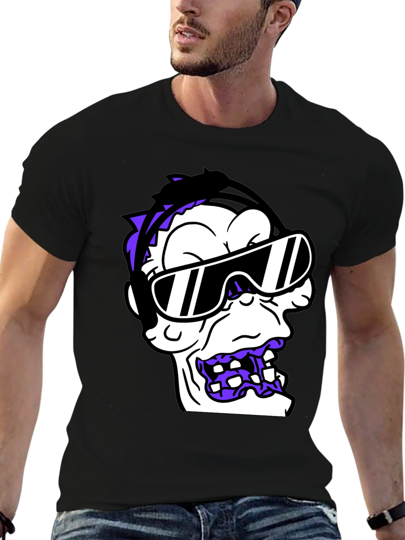 Cartoon Monster Graphic Tee - Black Cotton