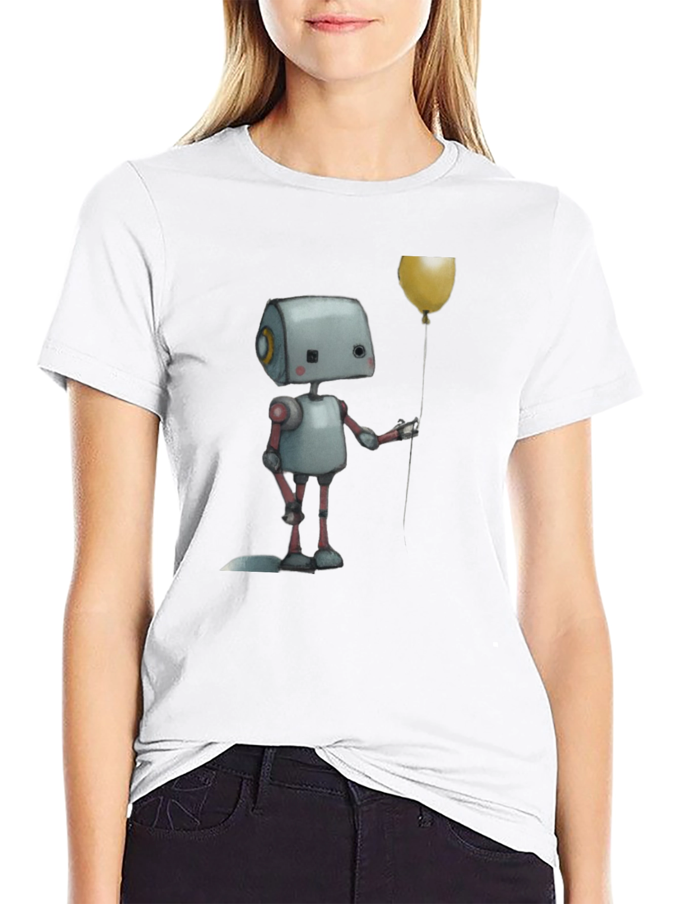 Robot Holding Balloon Black T-Shirt