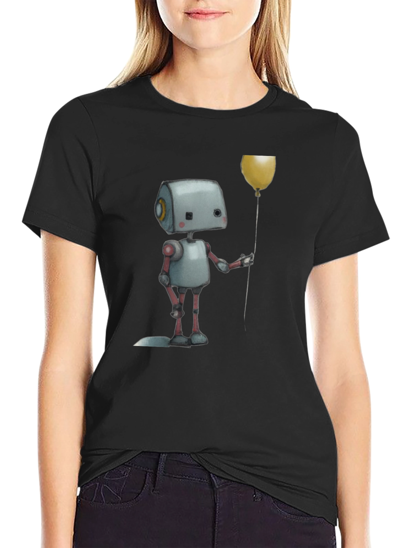 Robot Holding Balloon Black T-Shirt