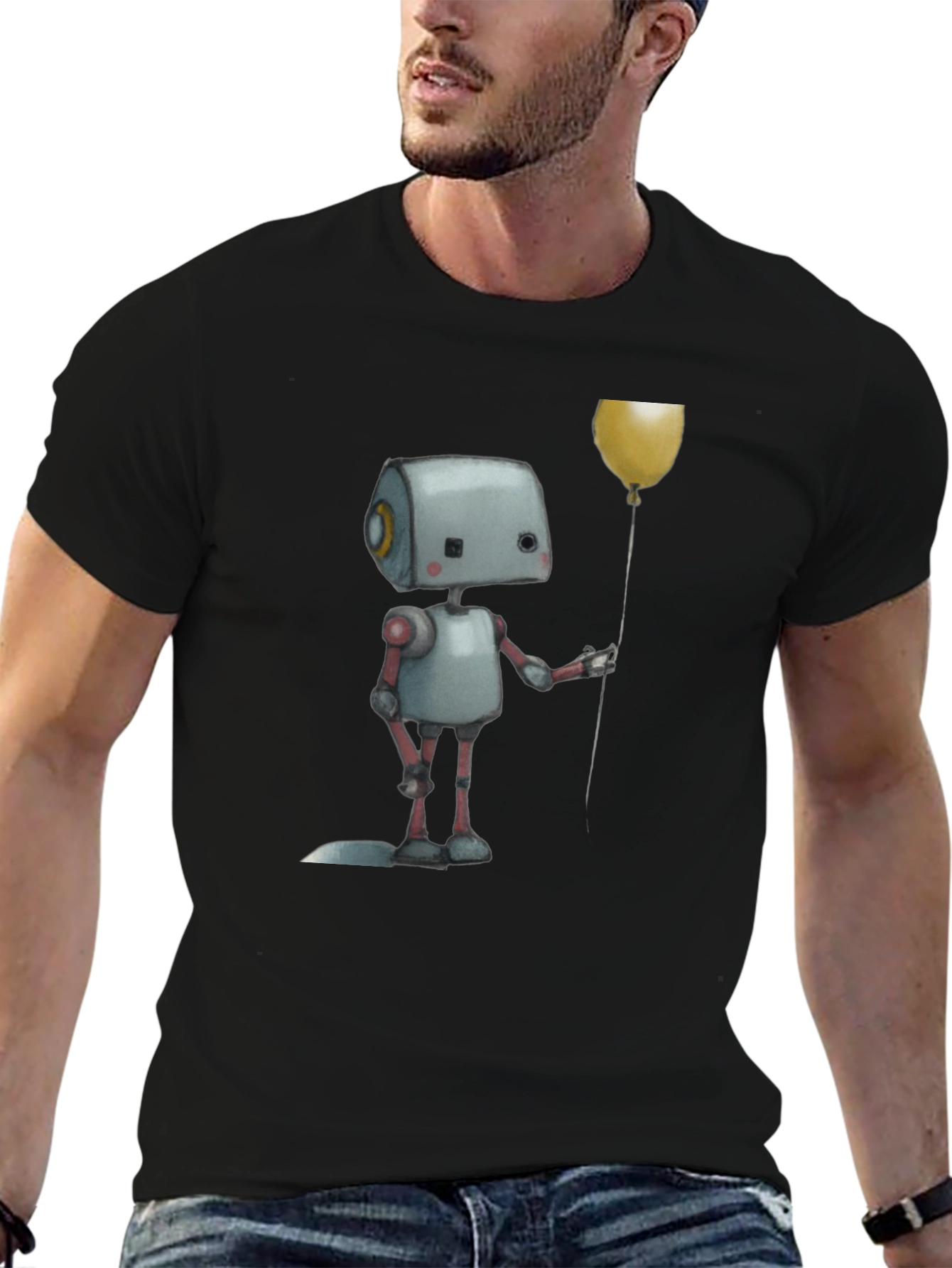 Robot Holding Balloon Black T-Shirt