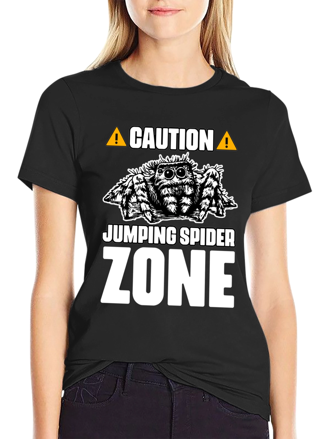 Caution Jumping Spider Zone Black T-Shirt