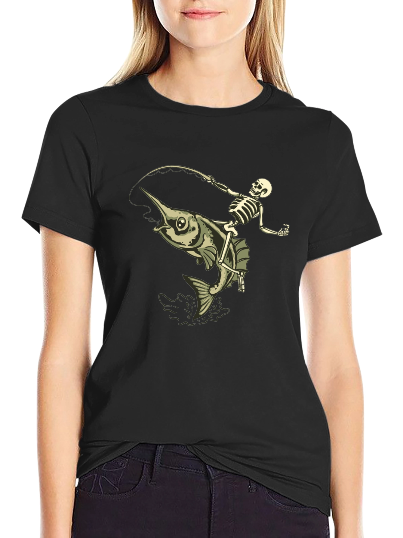 Skeleton Fishing Marlin T-Shirt - Black Cotton