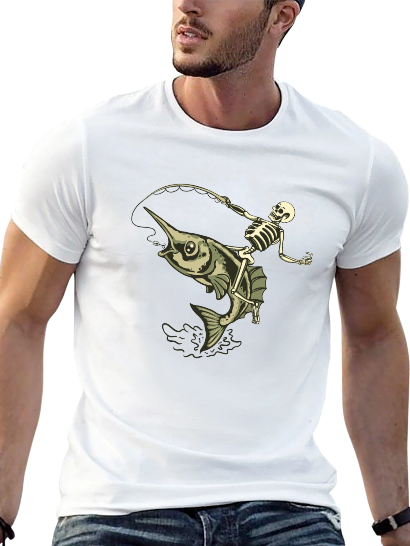 Skeleton Fishing Marlin T-Shirt - Black Cotton