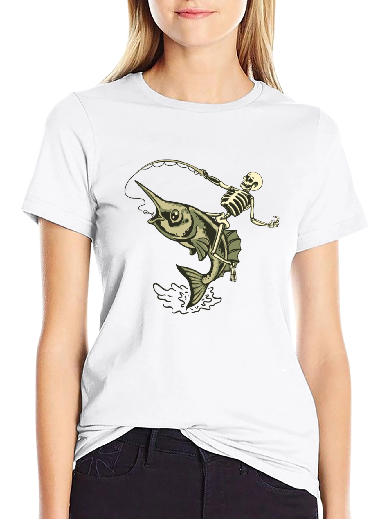 Skeleton Fishing Marlin T-Shirt - Black Cotton