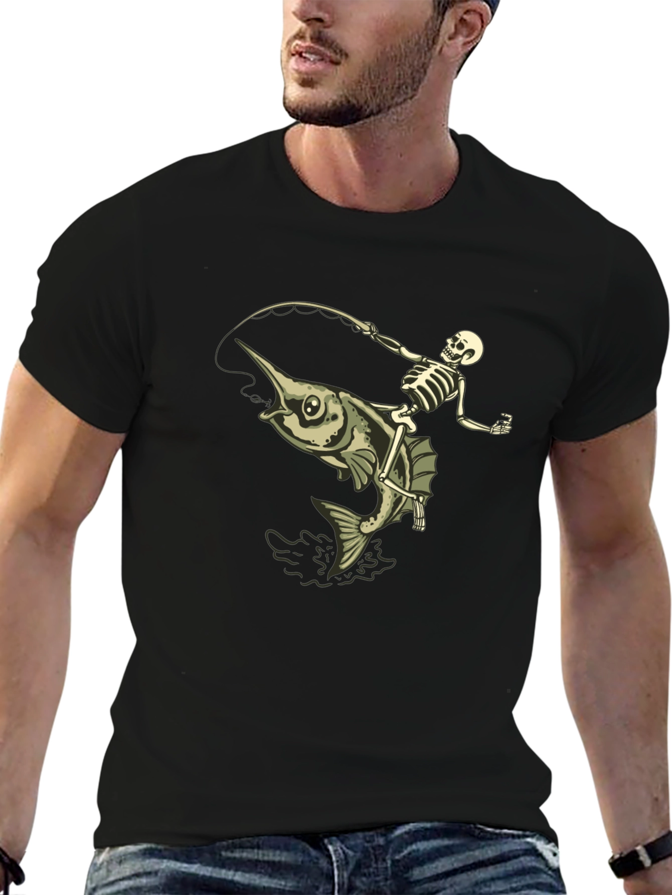 Skeleton Fishing Marlin T-Shirt - Black Cotton