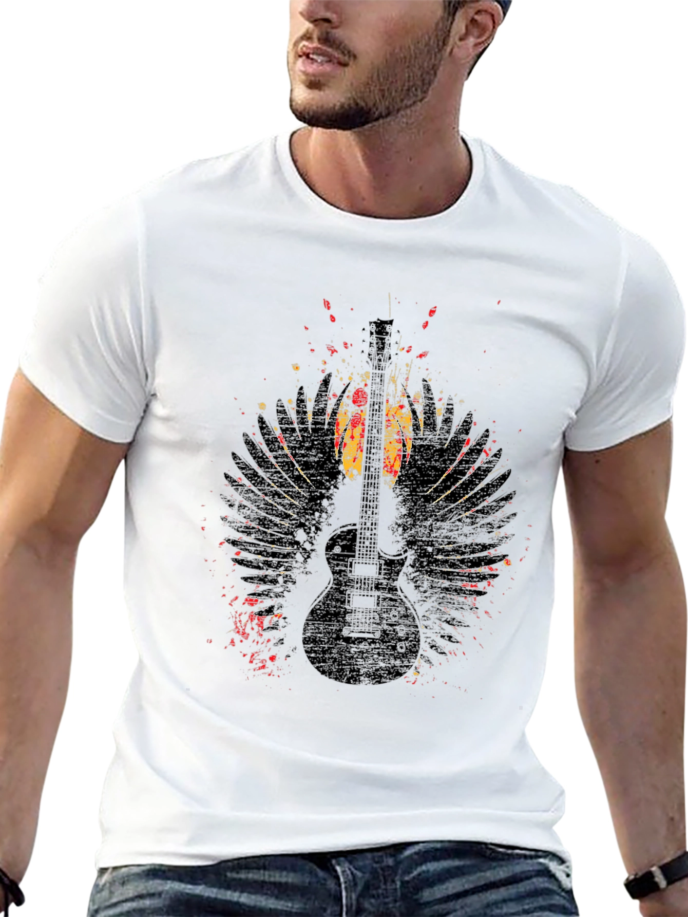 Grunge Guitar Wings Graphic Tee - Rock Style Shirt