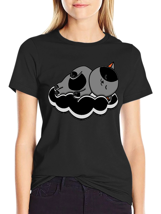 Cartoon Cat Cloud Graphic Tee - Soft Black Cotton T-Shirt