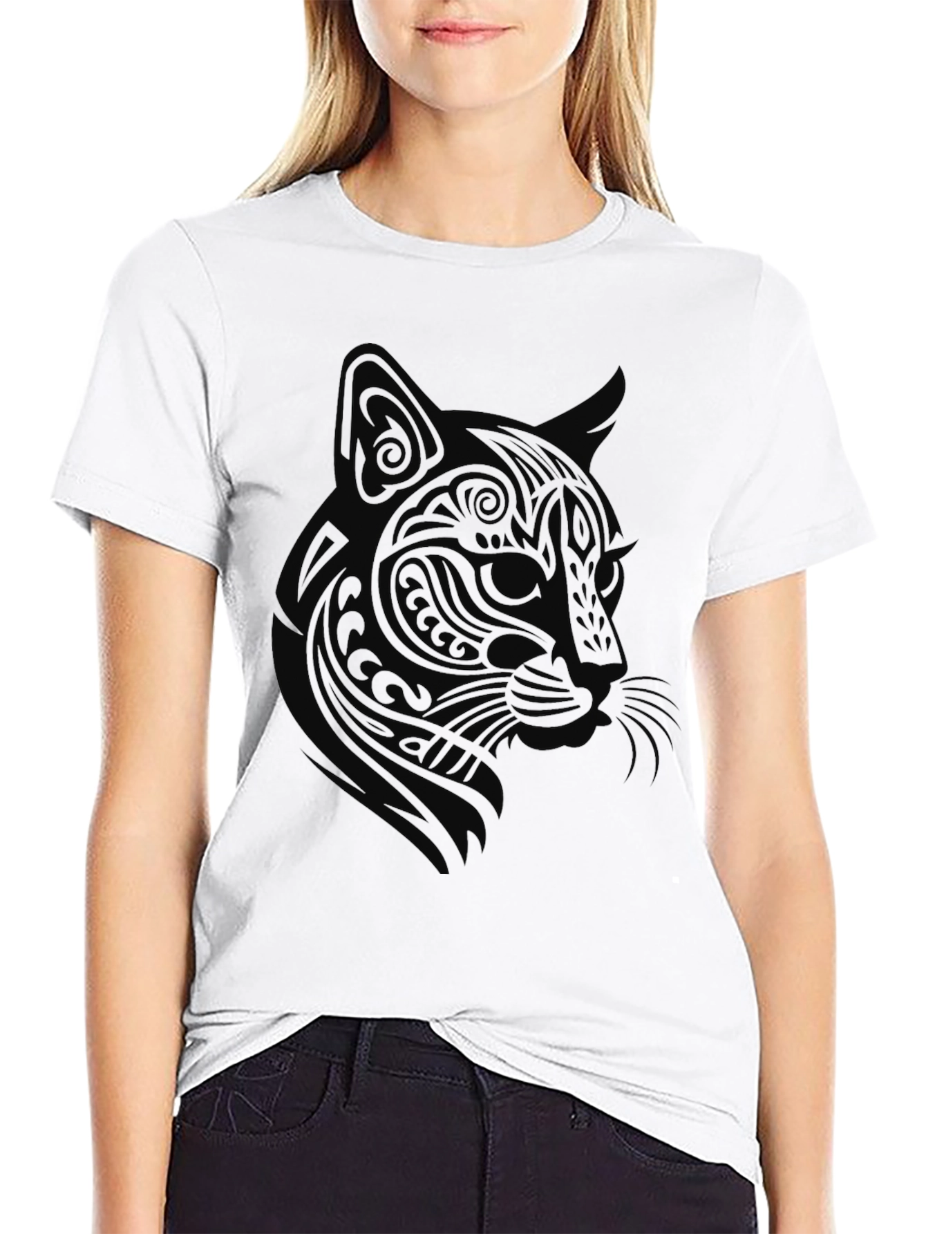Tribal Cat Graphic Tee - Black Cotton Blend