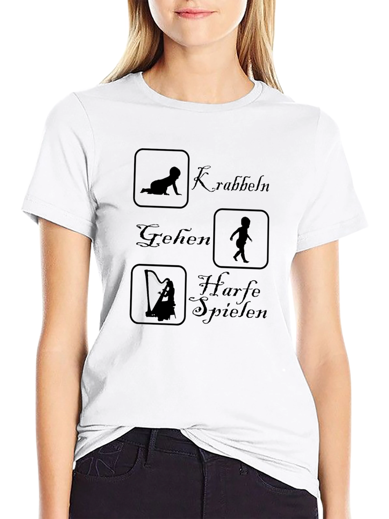 Funny Black T-Shirt - Crawling Walking Harp Playing