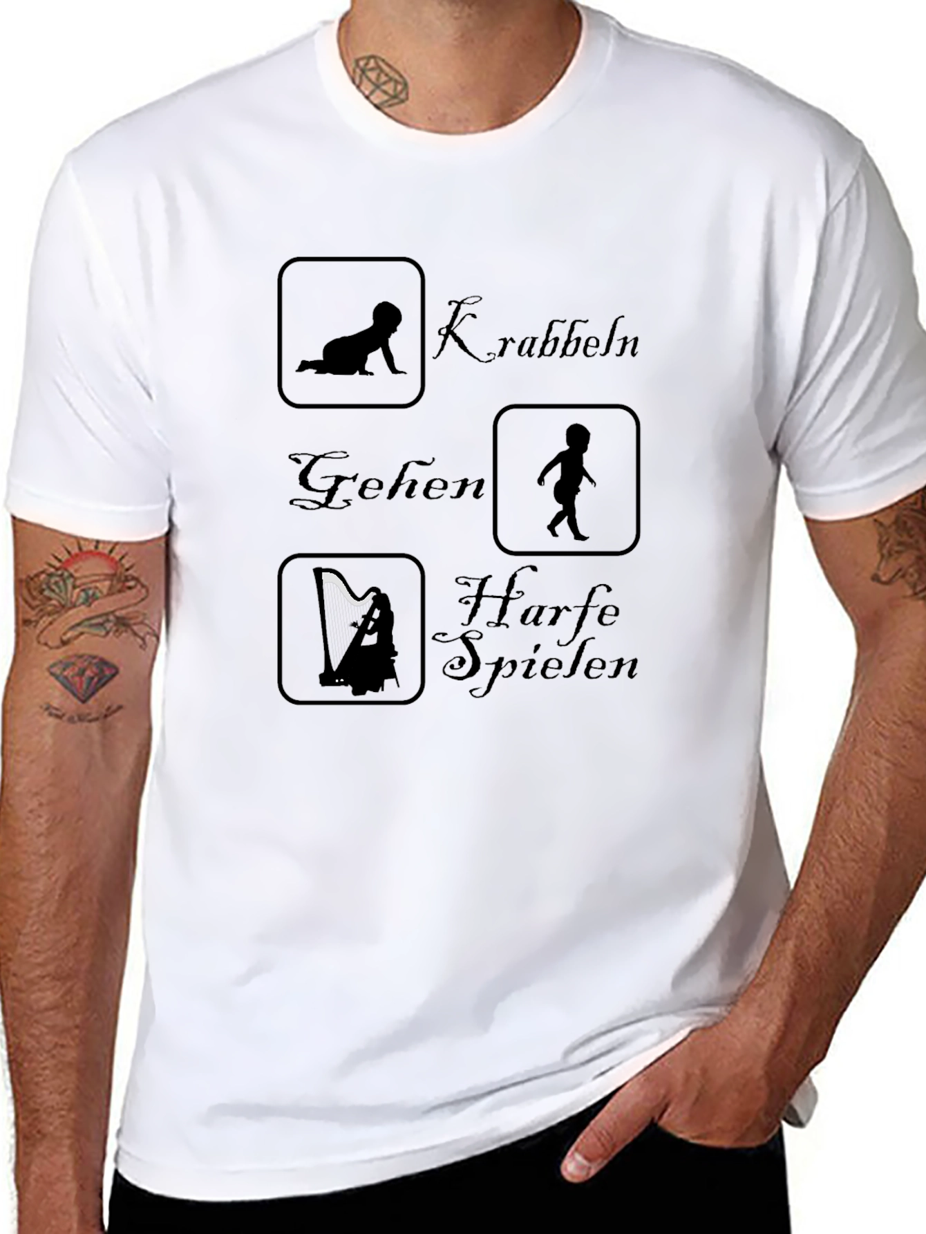 Funny Black T-Shirt - Crawling Walking Harp Playing