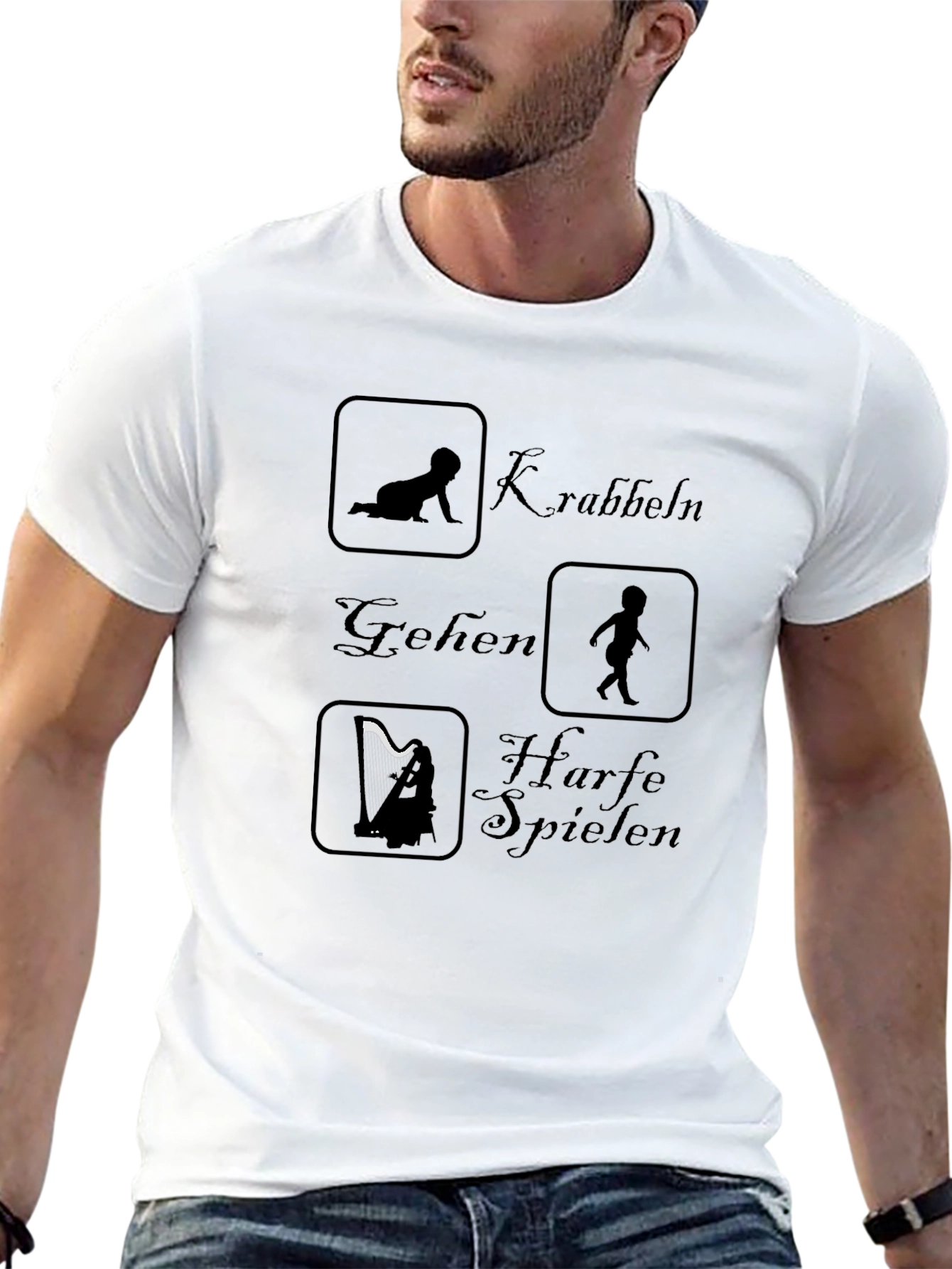 Funny Black T-Shirt - Crawling Walking Harp Playing