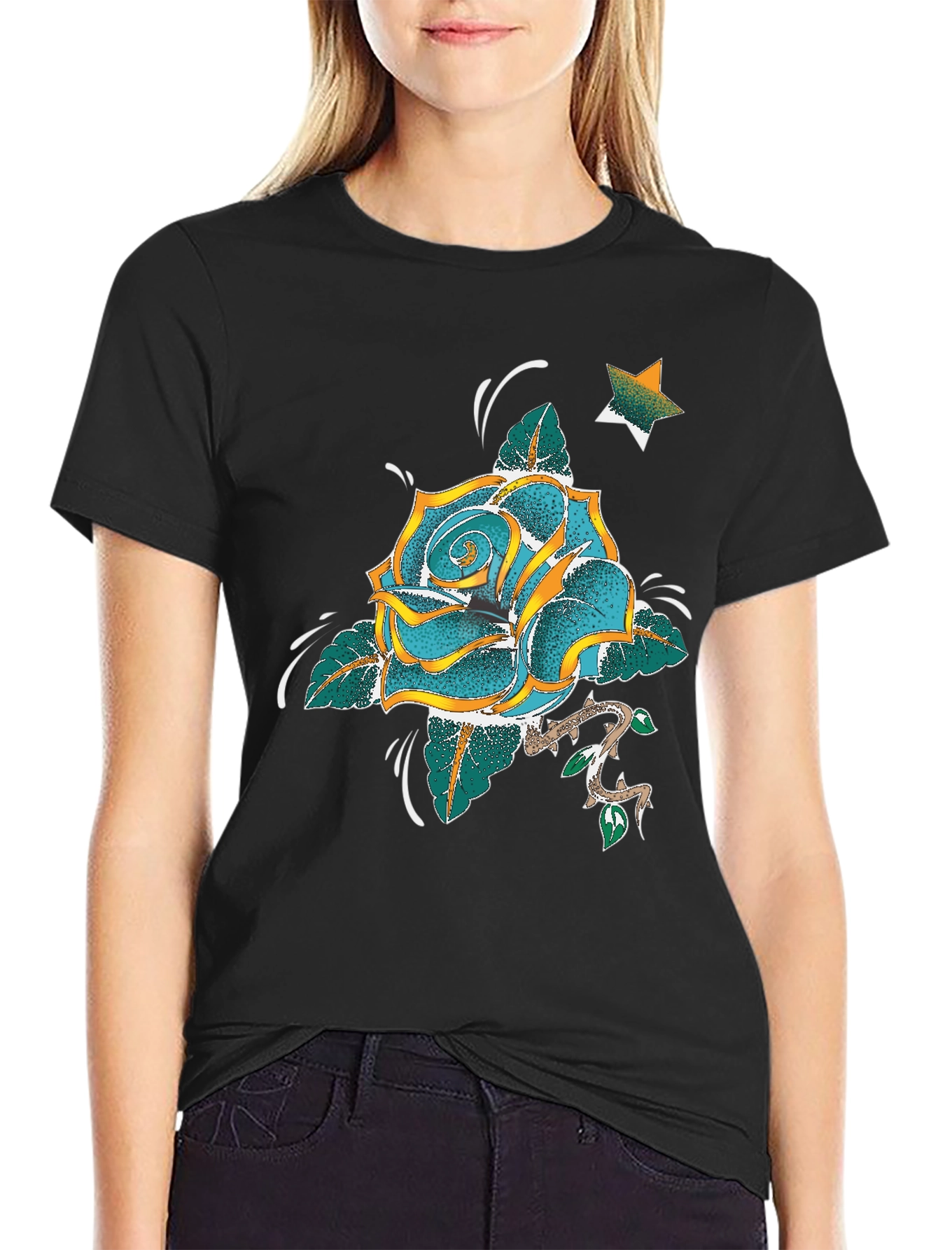 Rose & Star Graphic T-Shirt - Black
