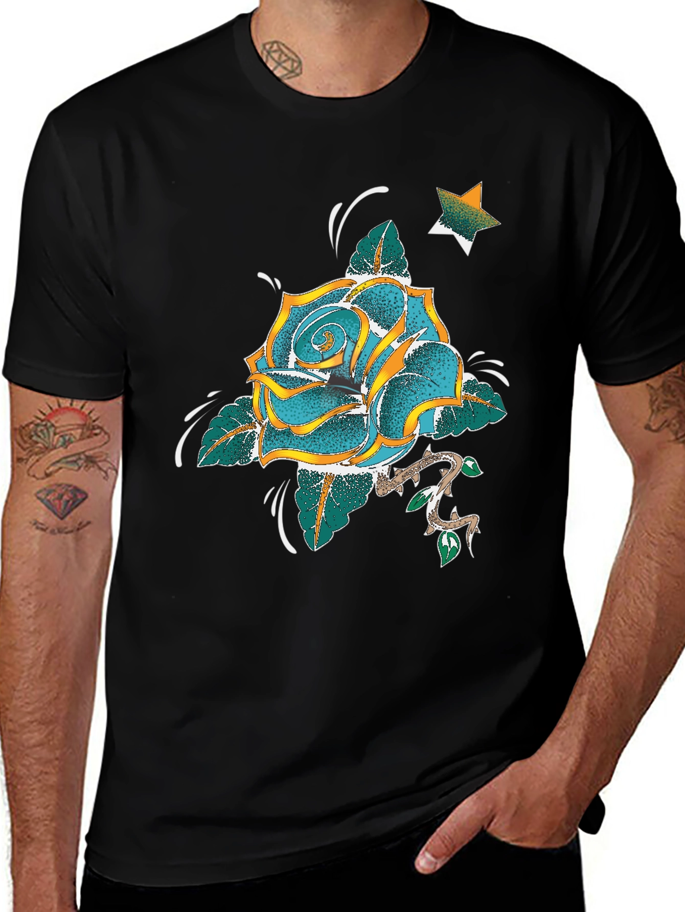 Rose & Star Graphic T-Shirt - Black