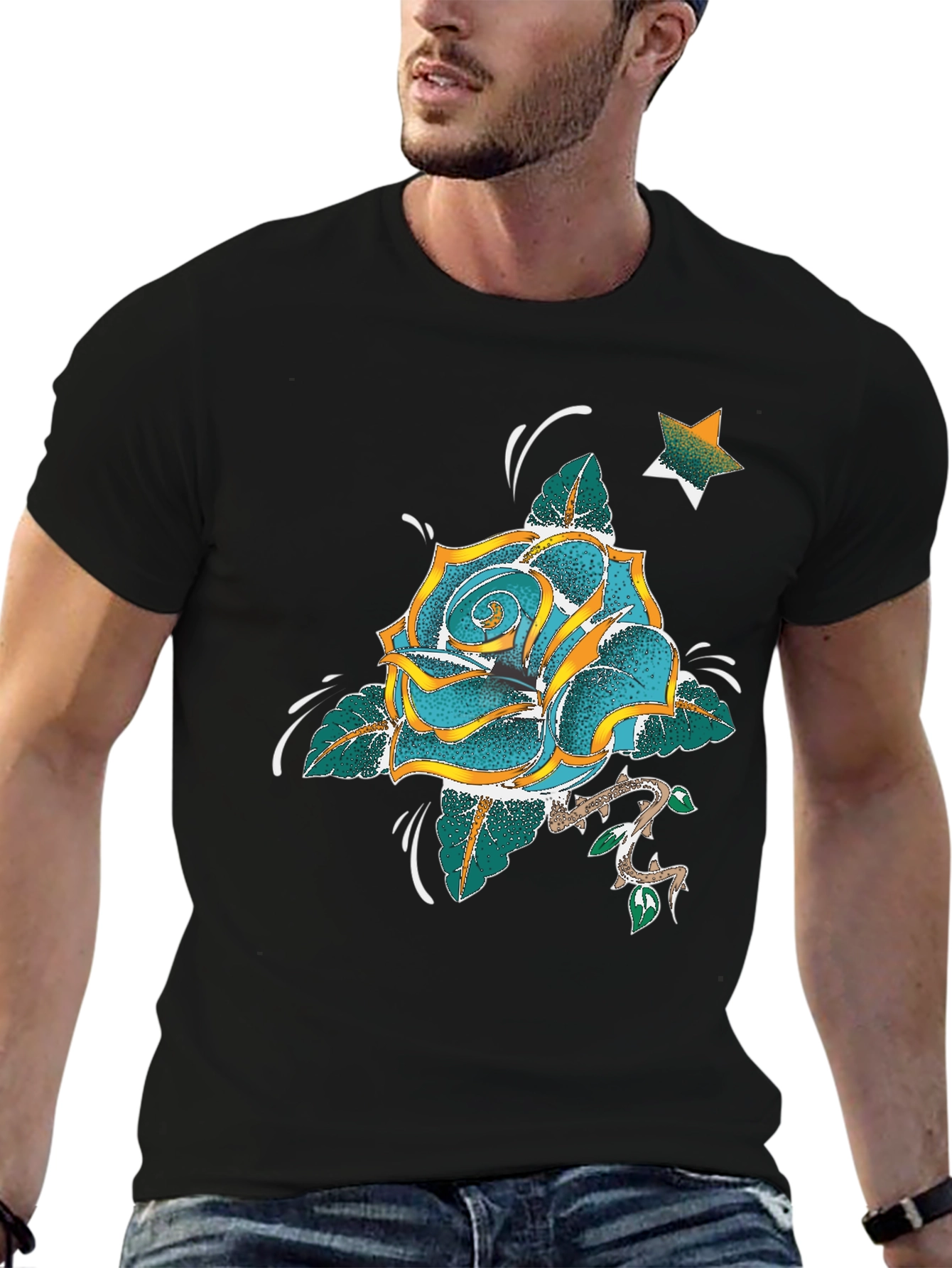 Rose & Star Graphic T-Shirt - Black