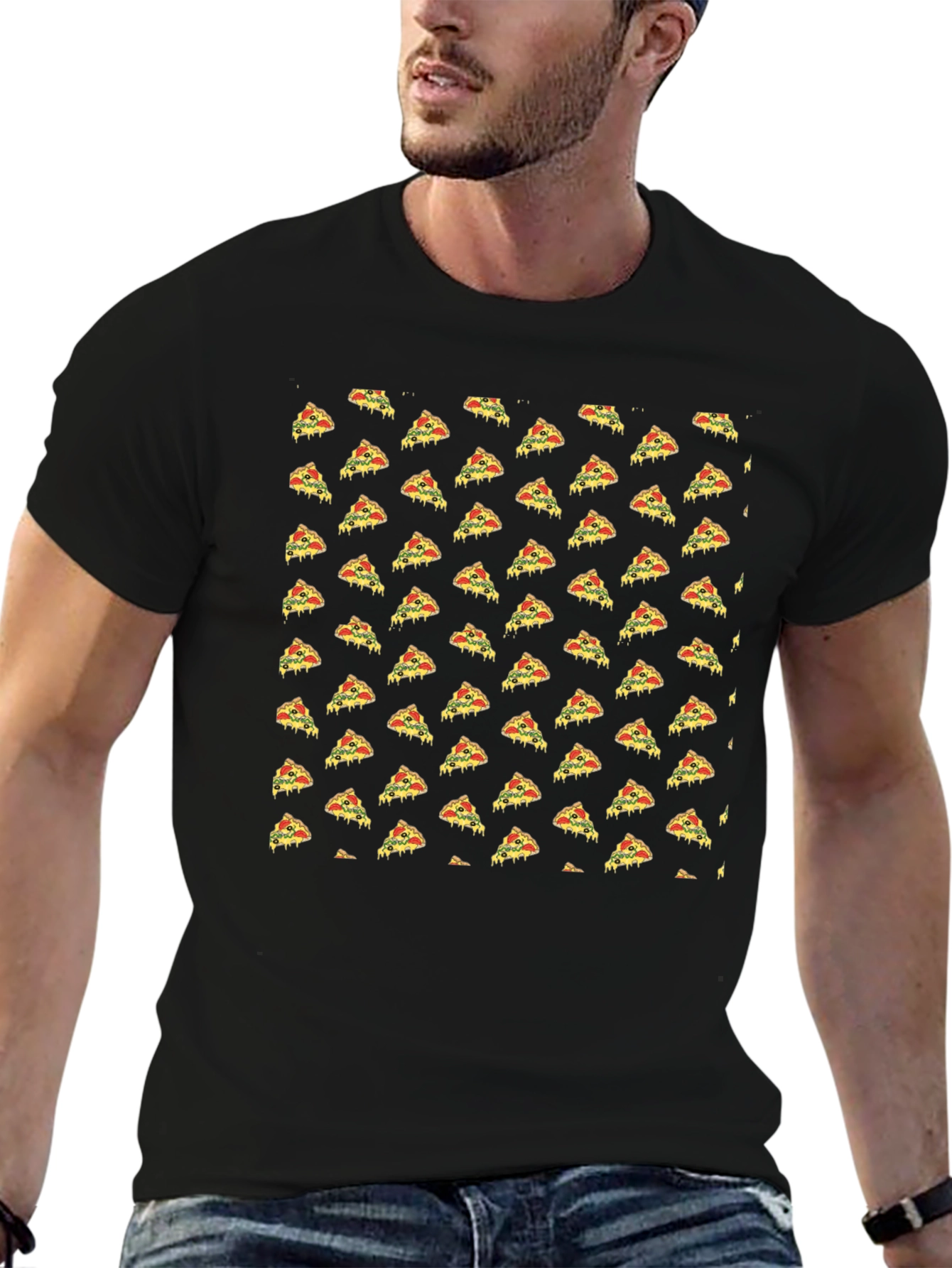 Pizza Slice Pattern Black T-Shirt