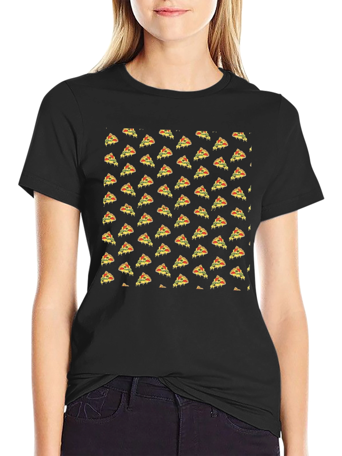 Pizza Slice Pattern Black T-Shirt