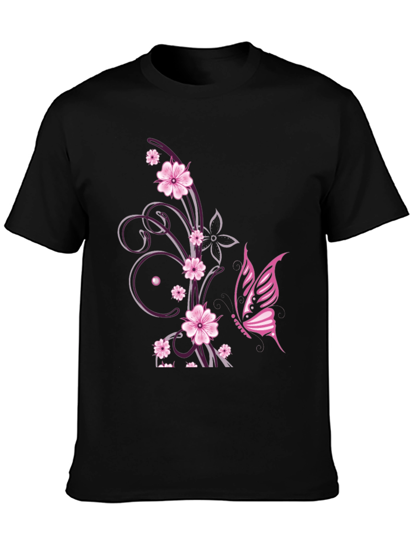 Floral Butterfly Print Black T-Shirt