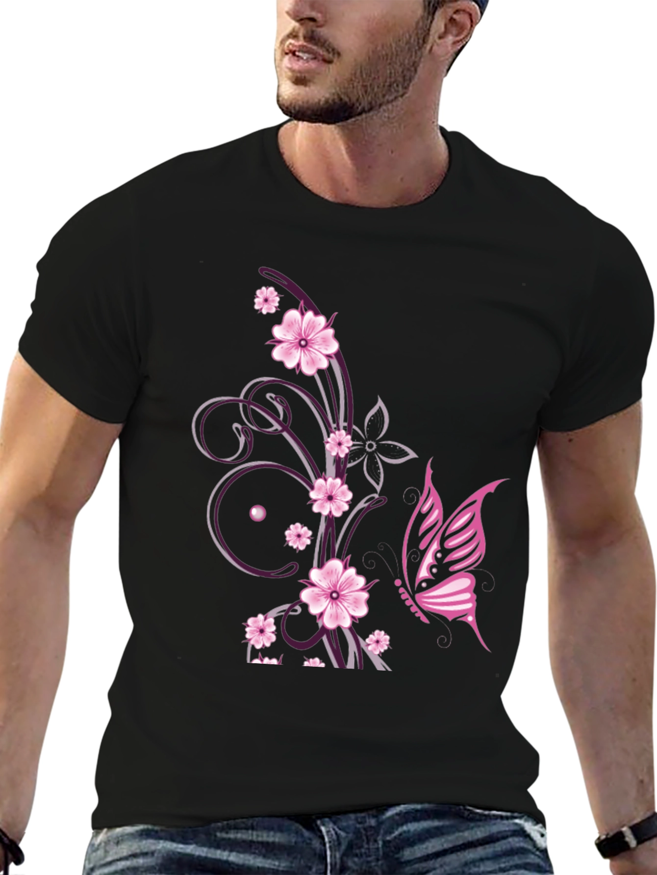 Floral Butterfly Print Black T-Shirt