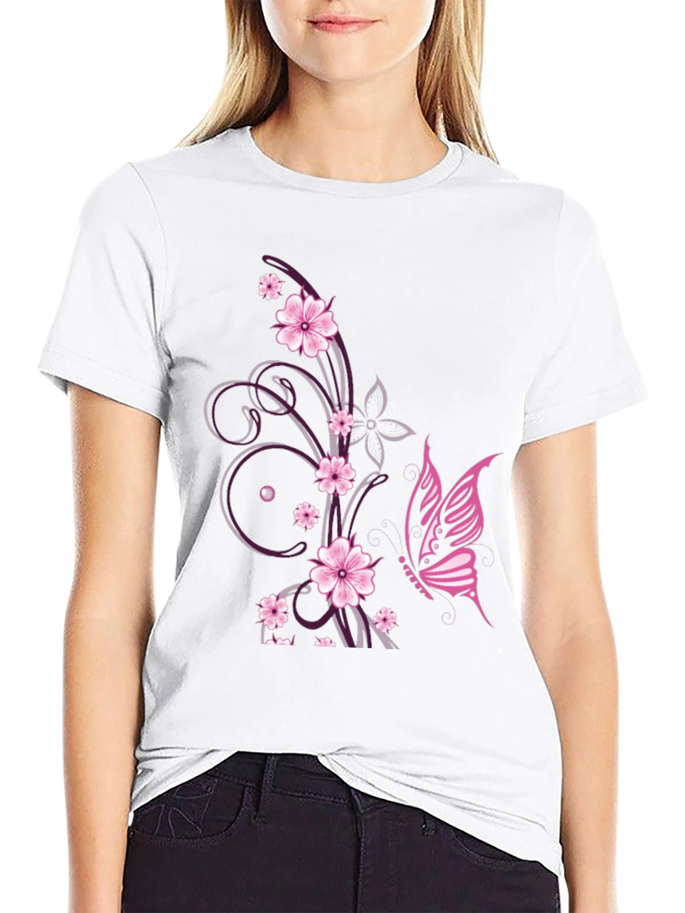Floral Butterfly Print Black T-Shirt
