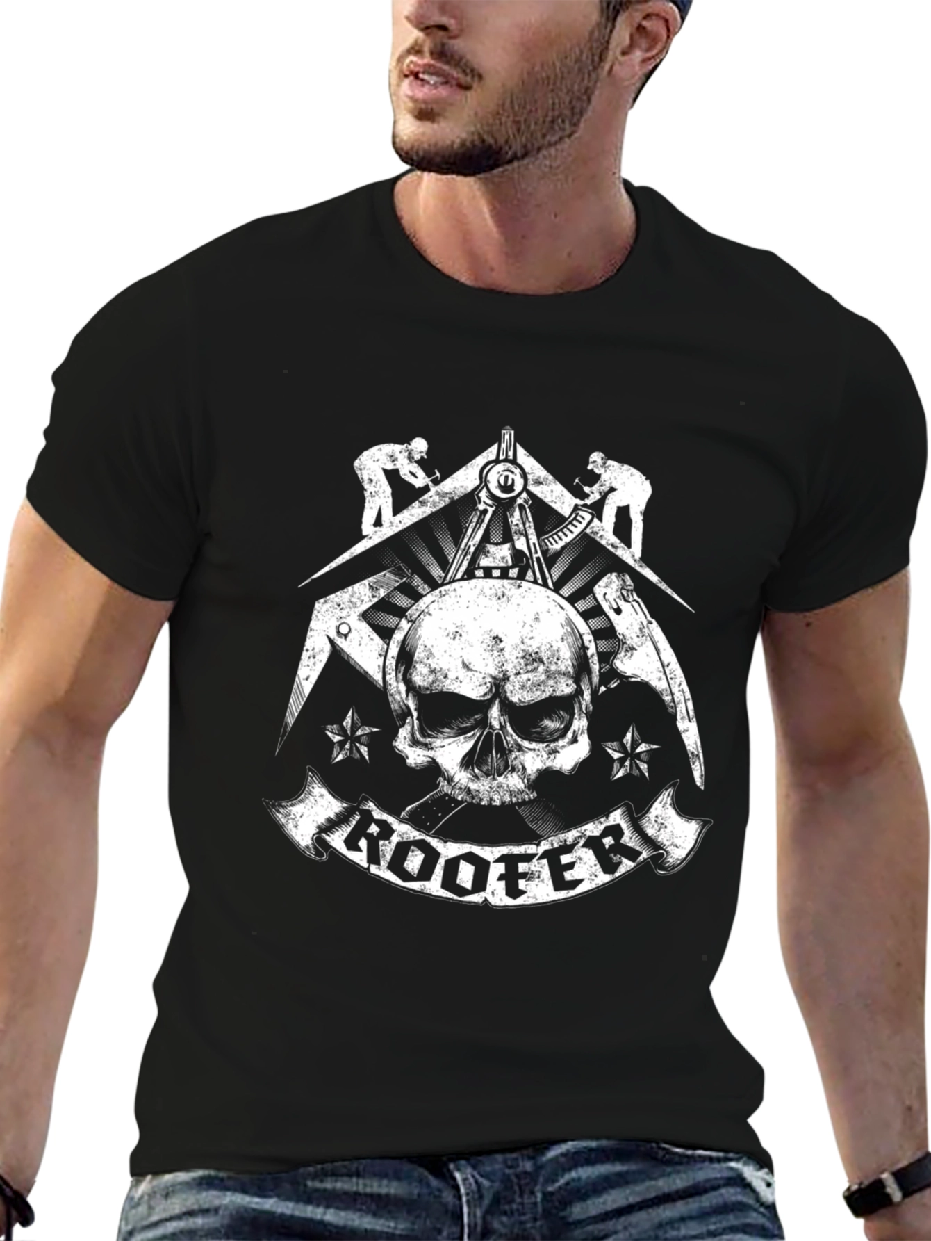 Roofer Skull Graphic T-Shirt - Black