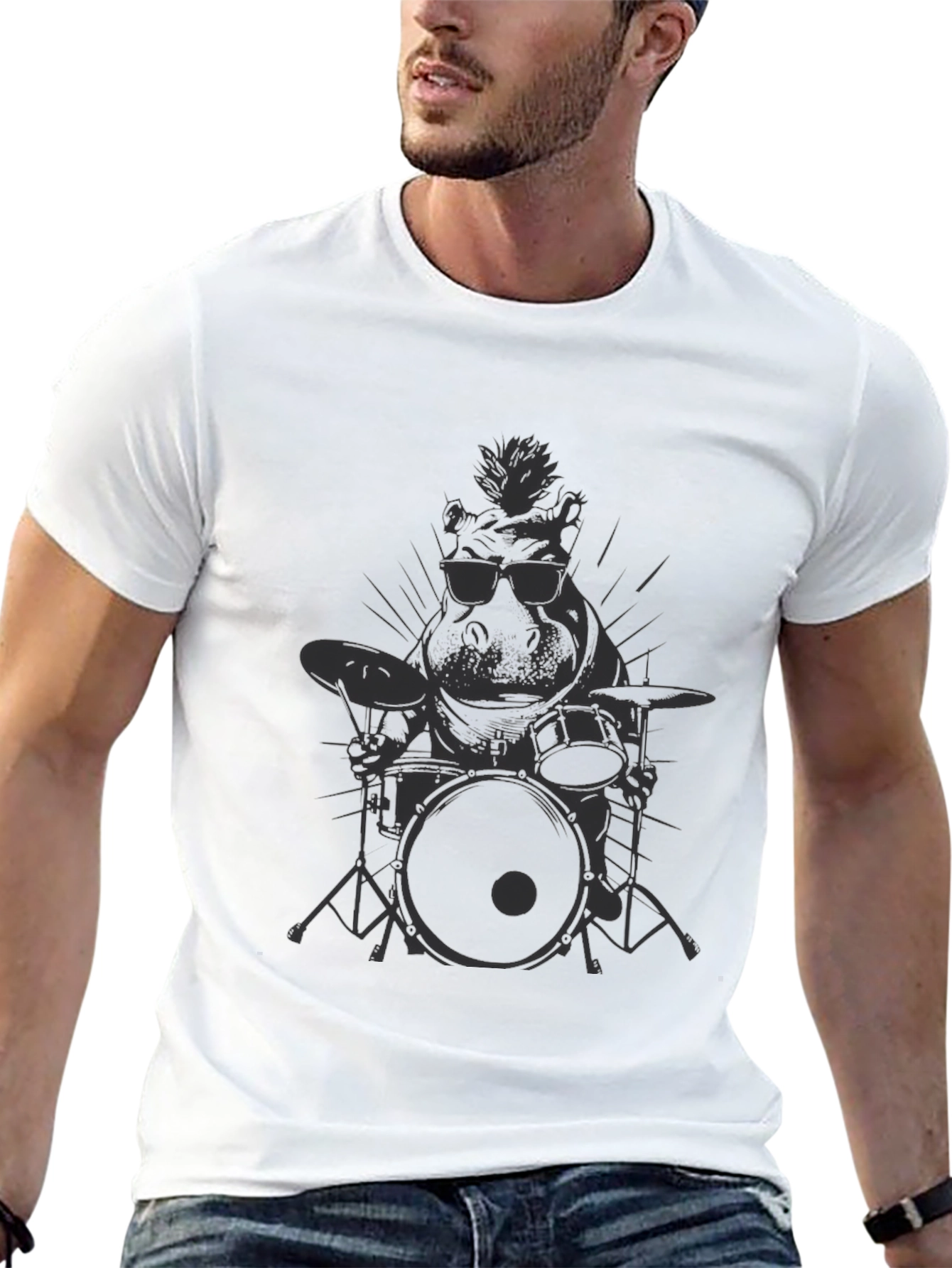 Cool Hippo Drummer Black T-Shirt